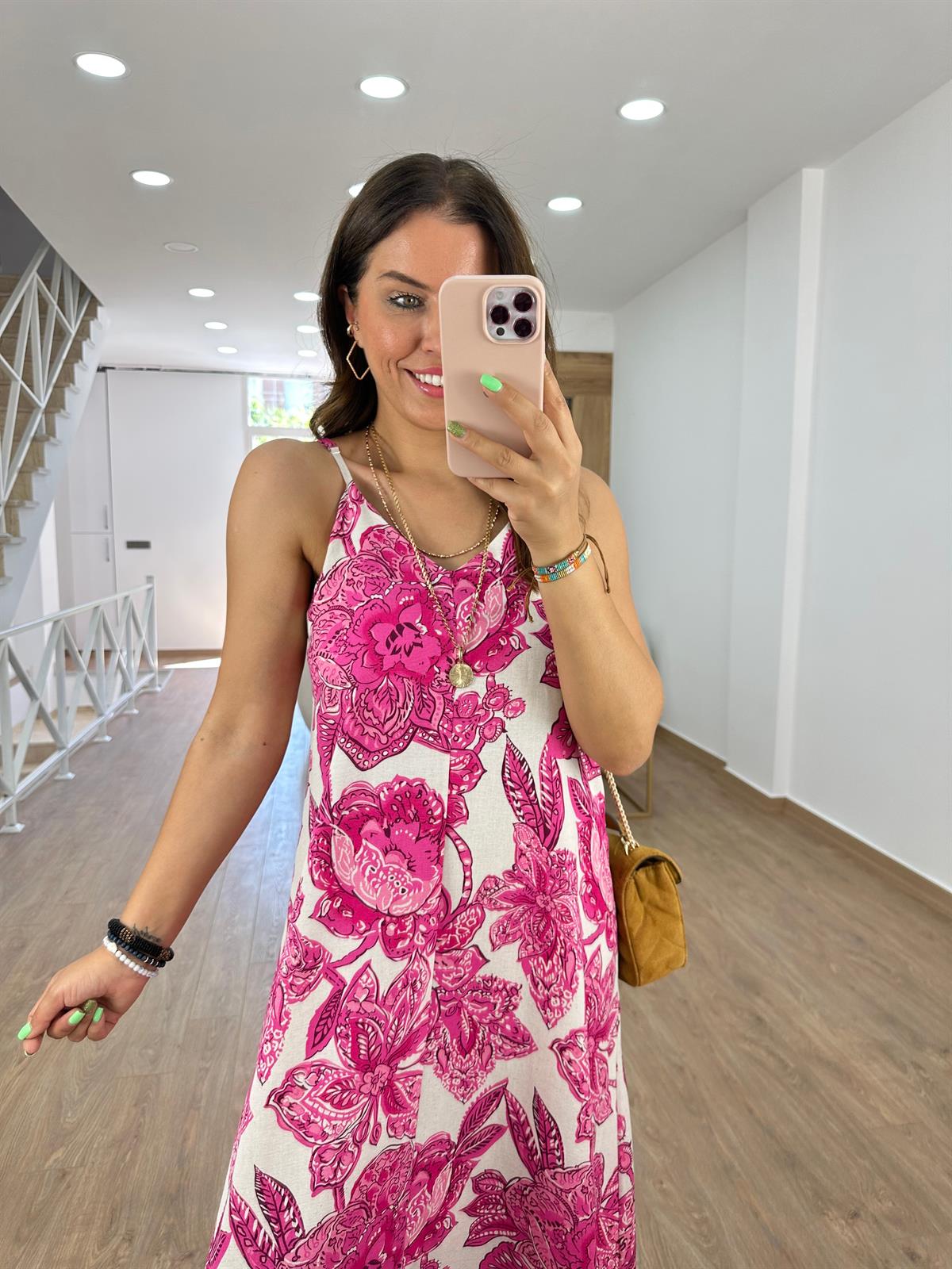 Askılı Keten Çiçekli Elbise-Fuşya