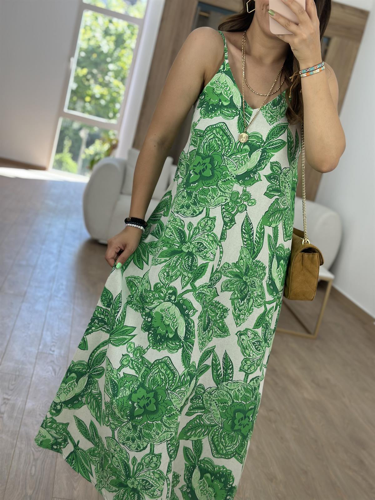 Askılı Keten Çiçekli Elbise-Yeşil