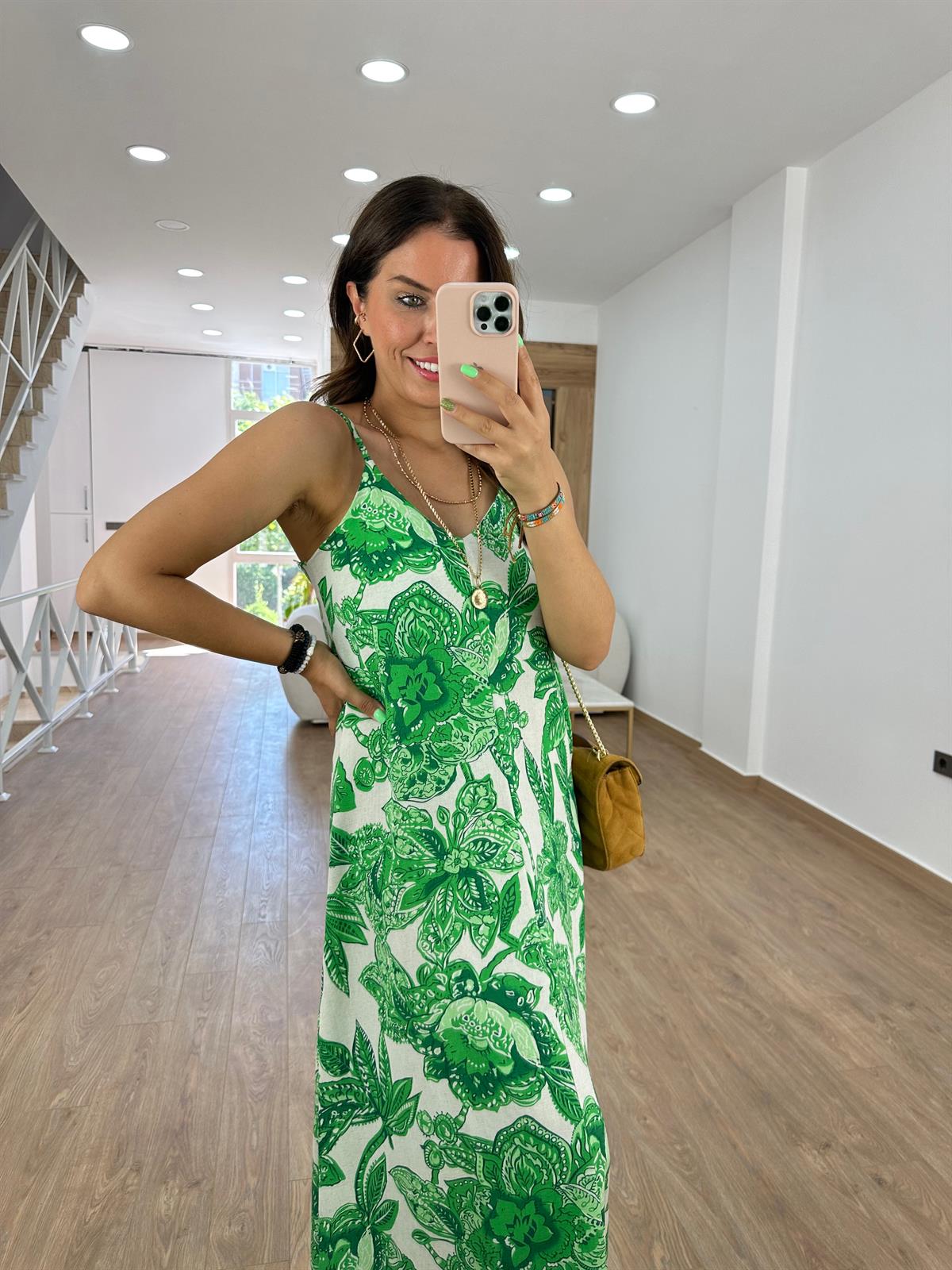 Askılı Keten Çiçekli Elbise-Yeşil