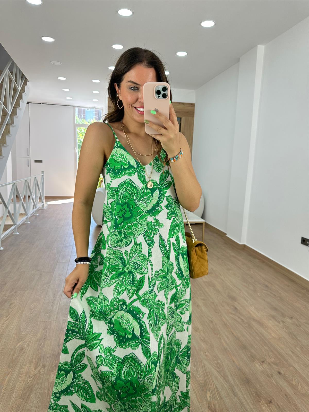 Askılı Keten Çiçekli Elbise-Yeşil