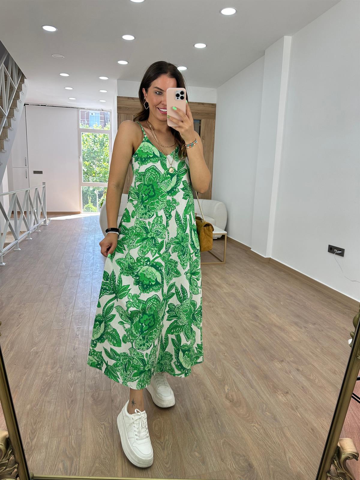 Askılı Keten Çiçekli Elbise-Yeşil