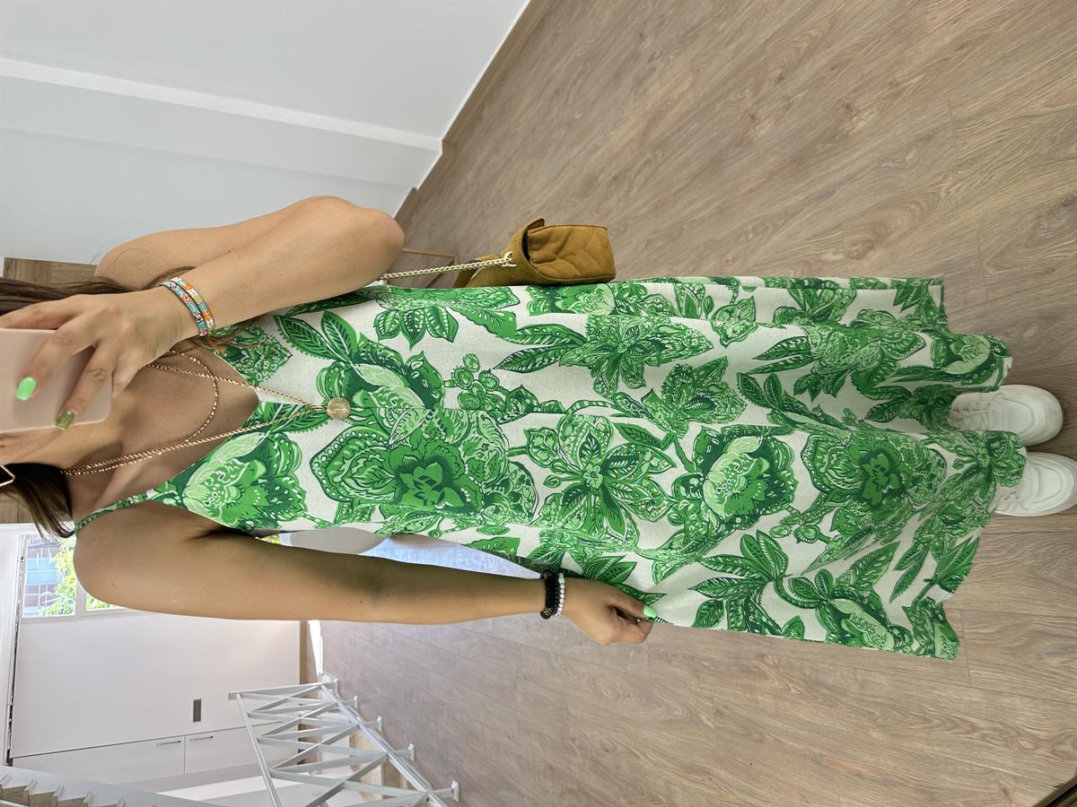 Askılı Keten Çiçekli Elbise-Yeşil