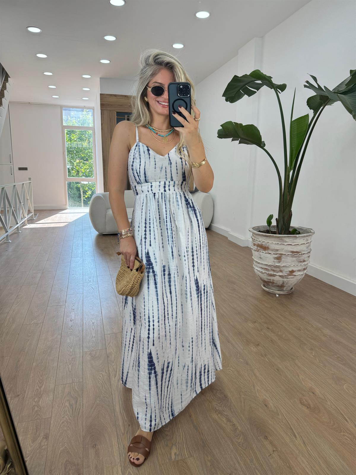 Askılı Mavi Desen Astarlı Elbise