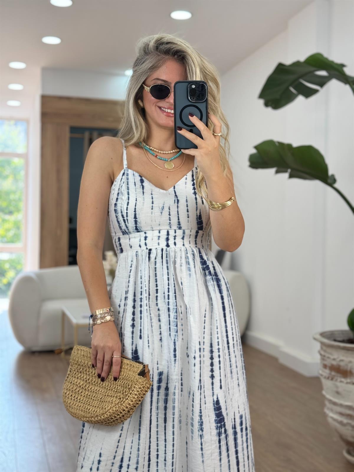 Askılı Mavi Desen Astarlı Elbise