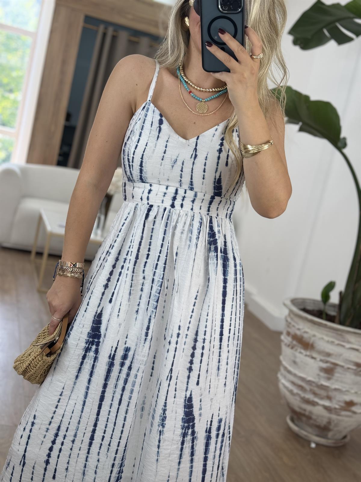 Askılı Mavi Desen Astarlı Elbise