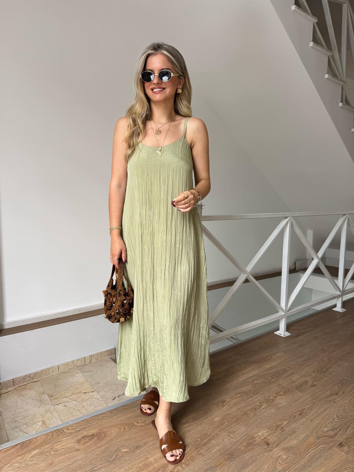 Askılı Midi Elbise - Çağla Yeşili