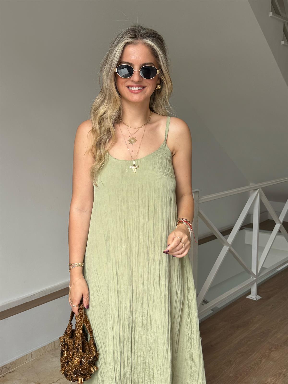 Askılı Midi Elbise - Çağla Yeşili