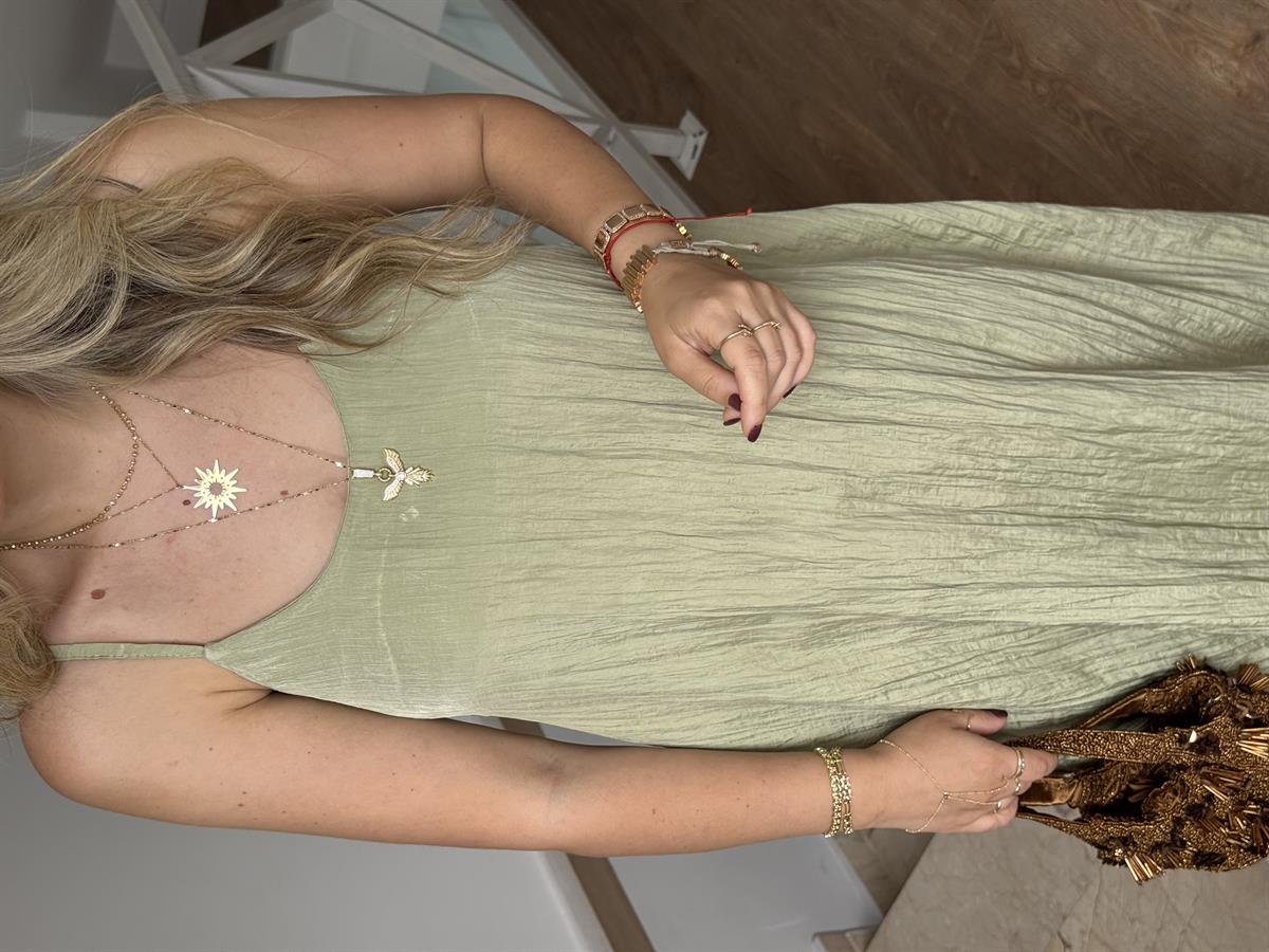 Askılı Midi Elbise - Çağla Yeşili