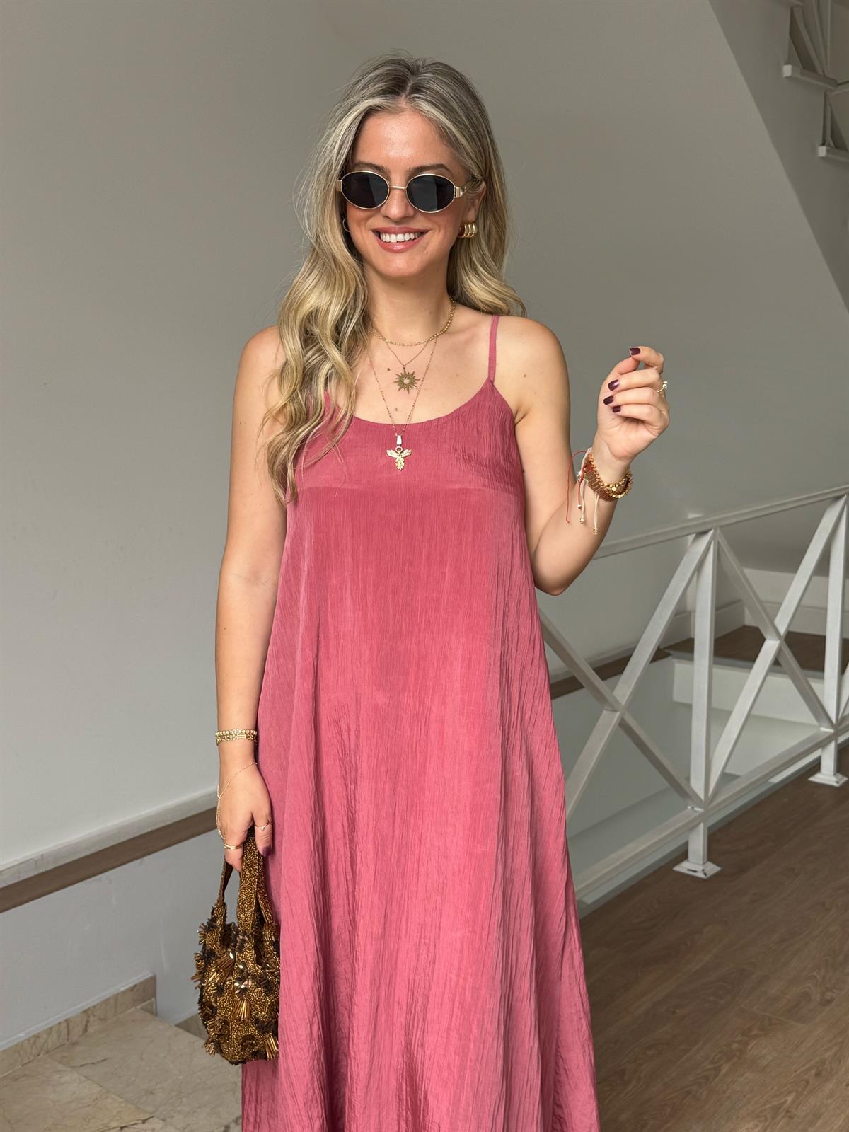 Askılı Midi Elbise - Gül Kurusu