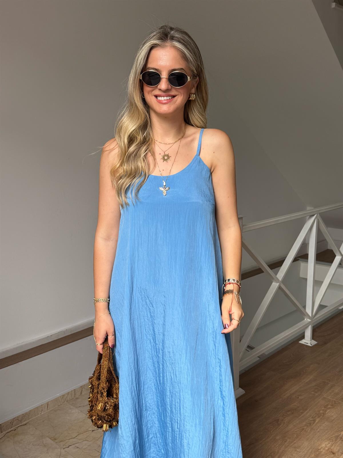 Askılı Midi Elbise - Mavi