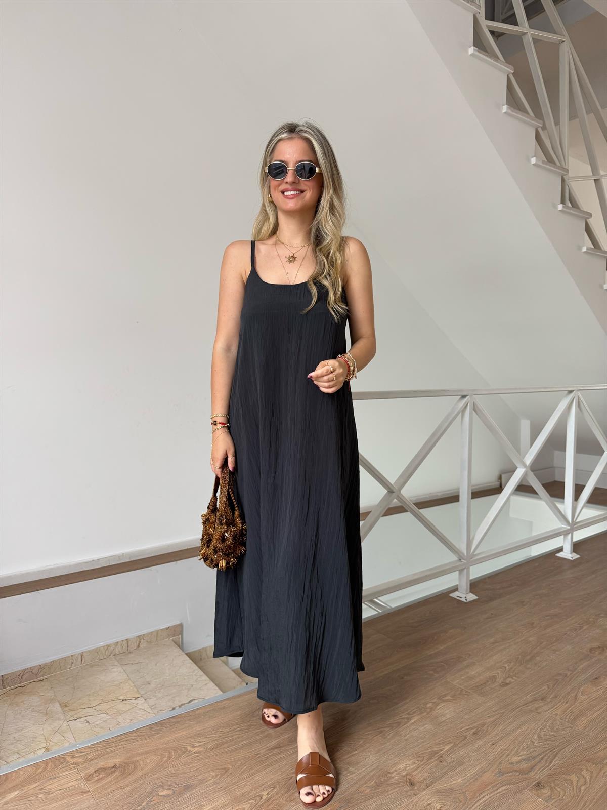 Askılı Midi Elbise - Siyah