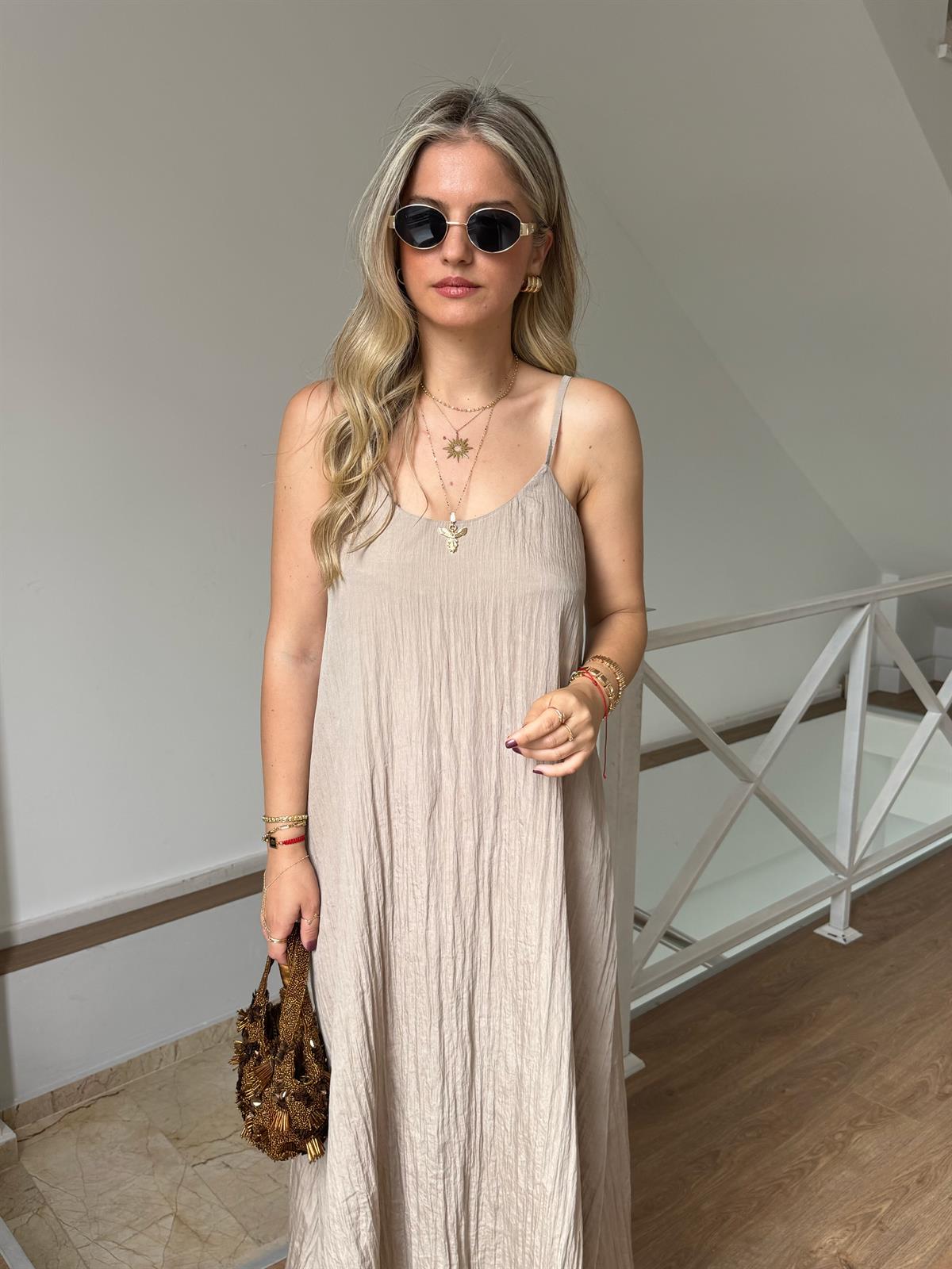 Askılı Midi Elbise - Vizon