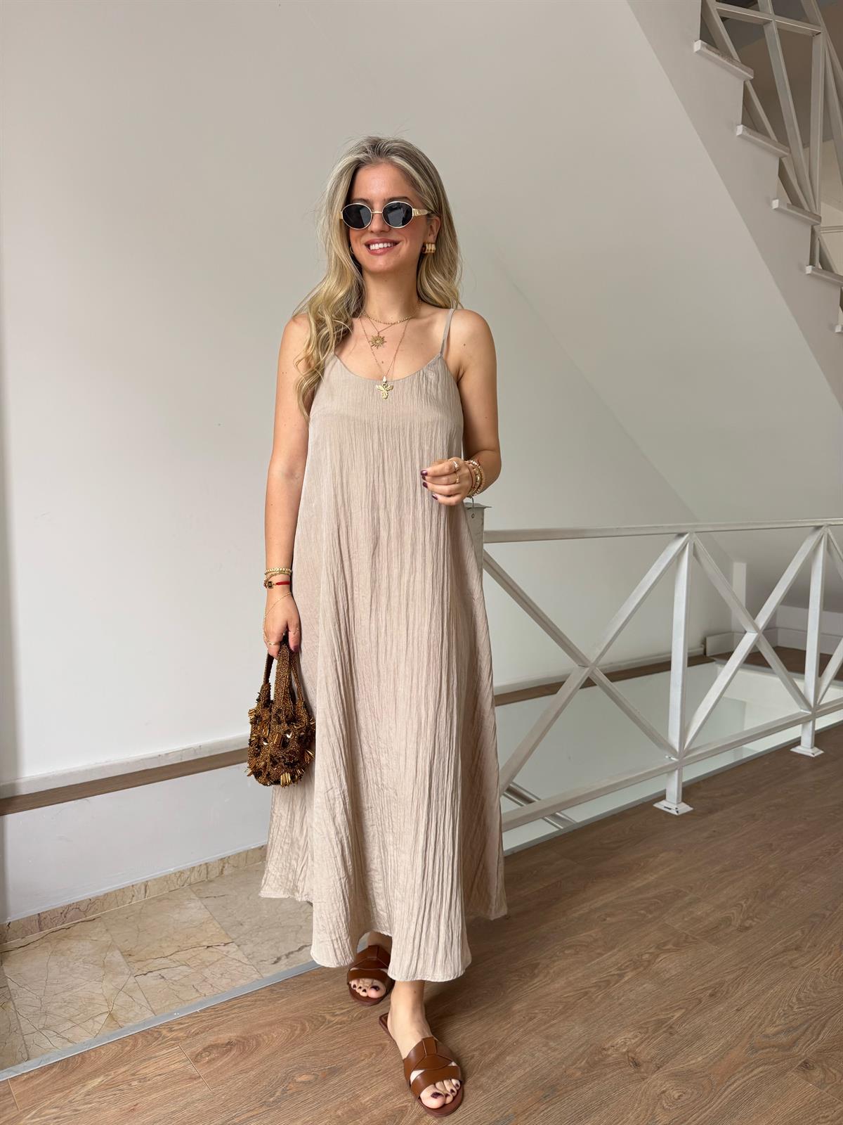 Askılı Midi Elbise - Vizon