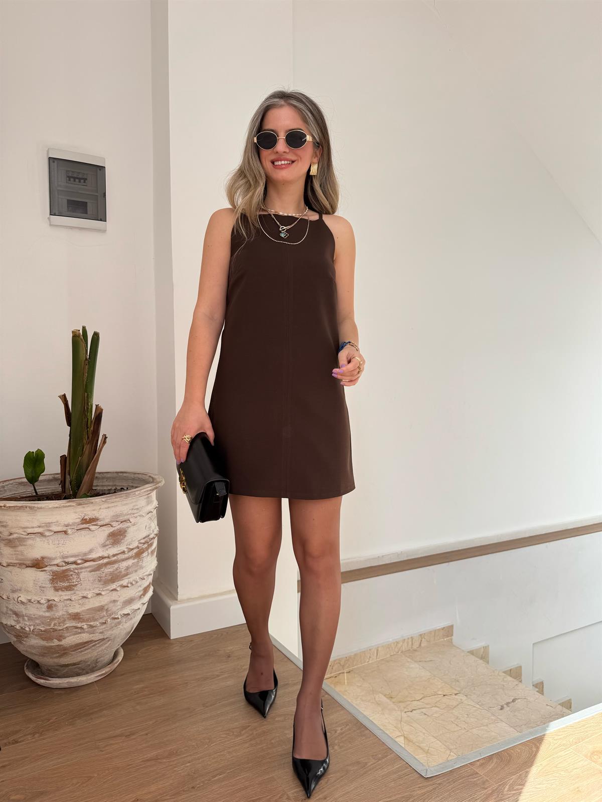 Askılı Mini Elbise - Kahverengi