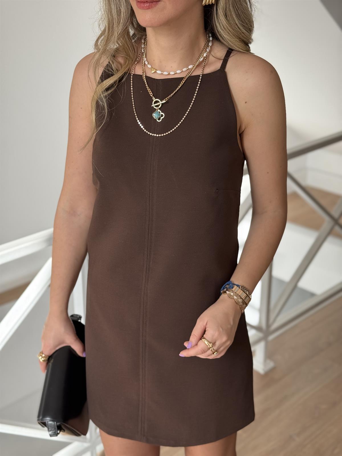 Askılı Mini Elbise - Kahverengi