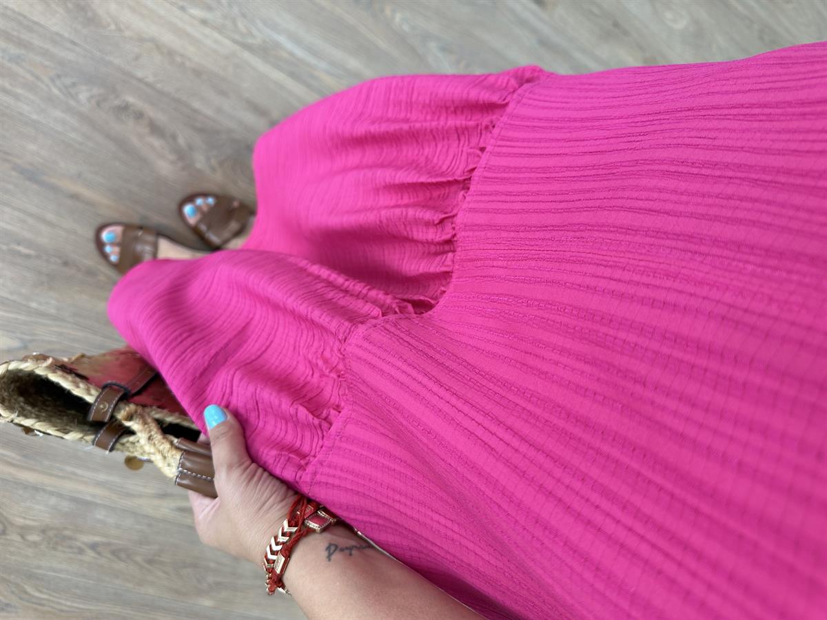 Eteği Volanlı Askılı Elbise - Fuşya