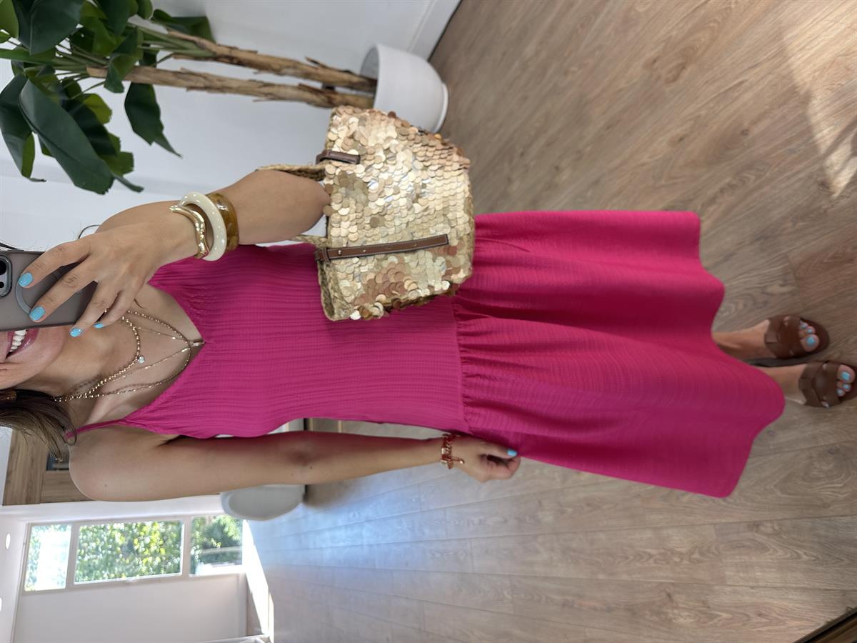 Eteği Volanlı Askılı Elbise - Fuşya