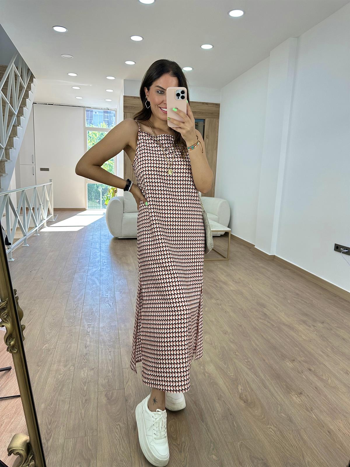 Askılı Yandan Yırtmaçlı Vİskon Elbise-Pudra