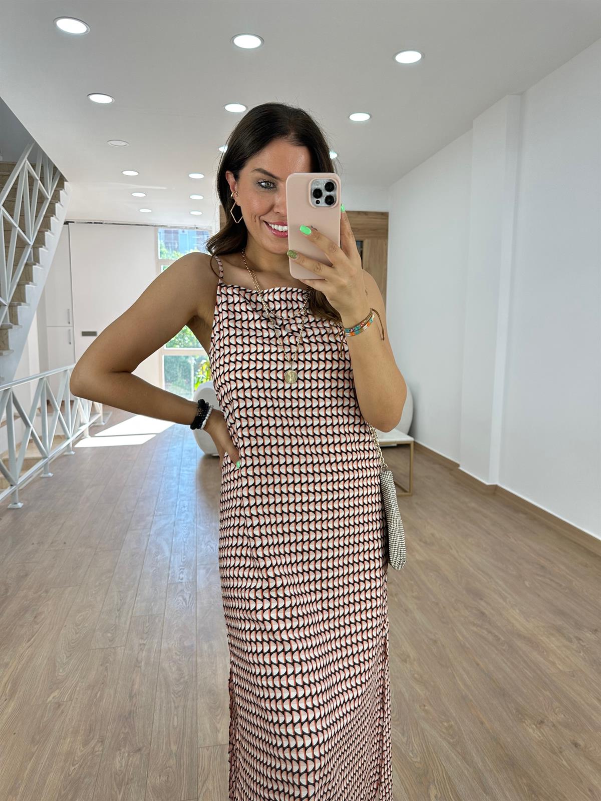 Askılı Yandan Yırtmaçlı Vİskon Elbise-Pudra