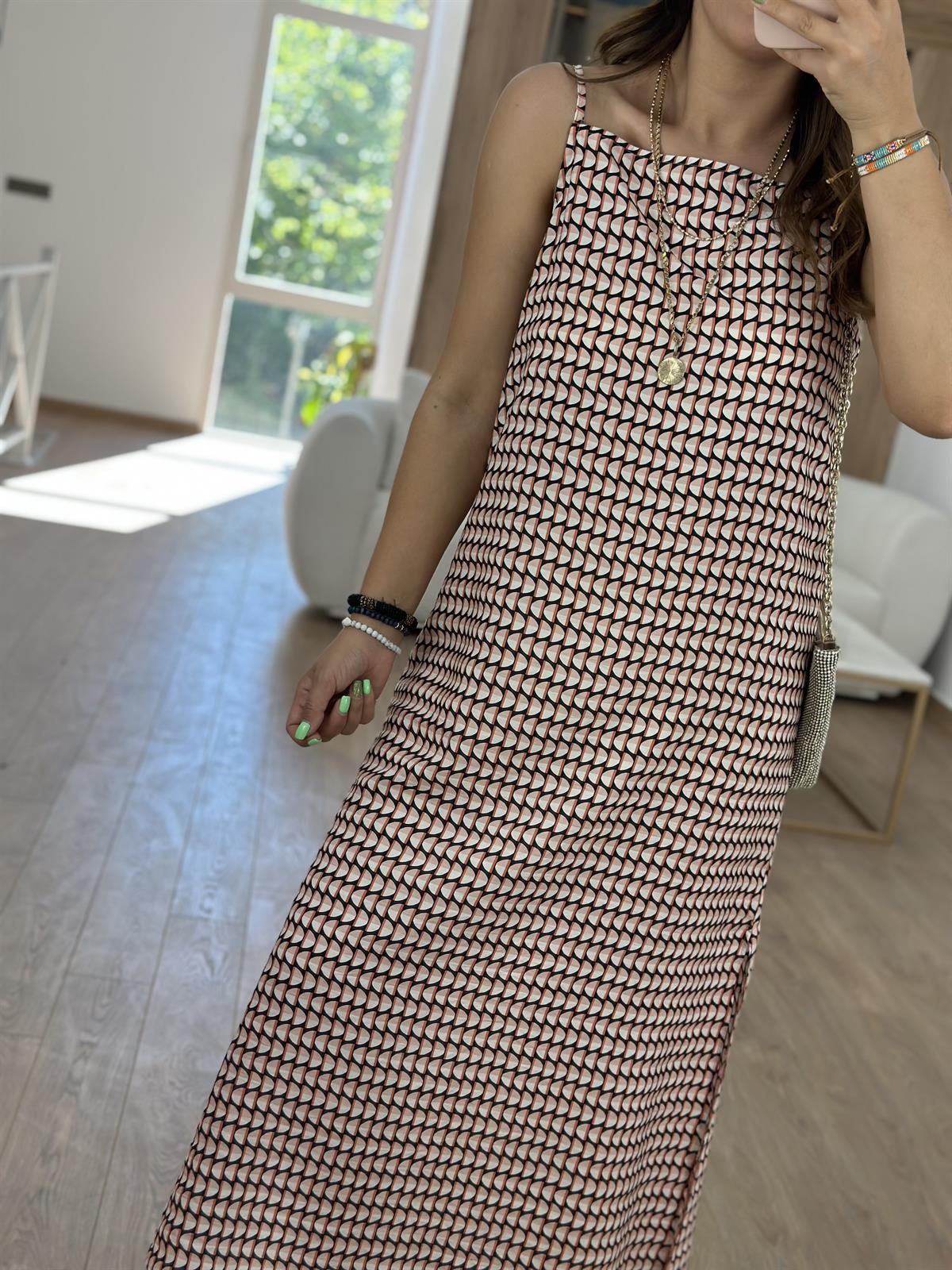 Askılı Yandan Yırtmaçlı Vİskon Elbise-Pudra