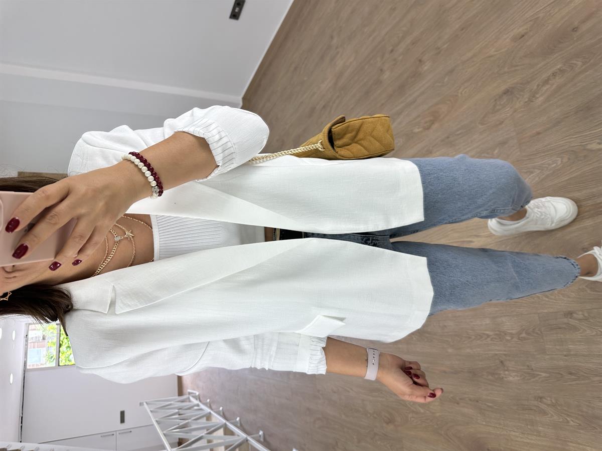 Astarı Çizgili İnce Keten Ceket-Beyaz