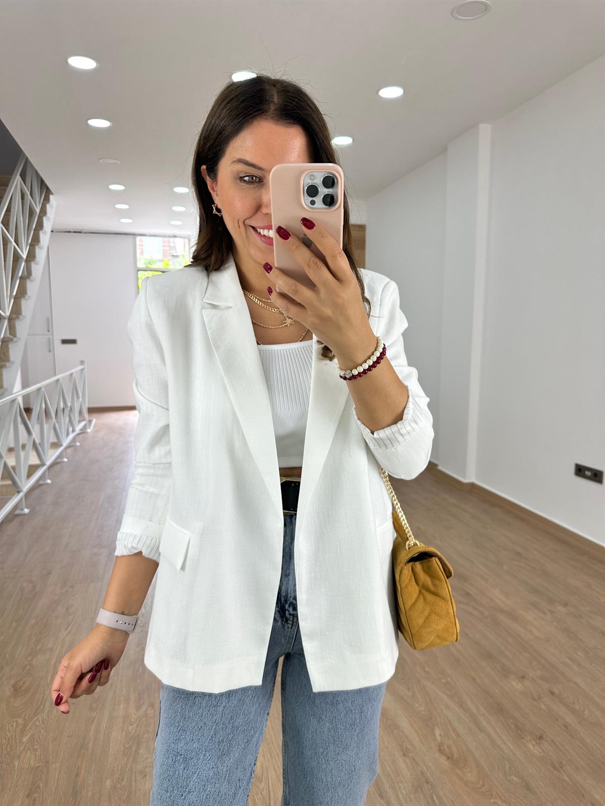 Astarı Çizgili İnce Keten Ceket-Beyaz