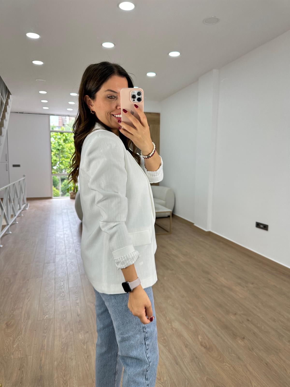 Astarı Çizgili İnce Keten Ceket-Beyaz