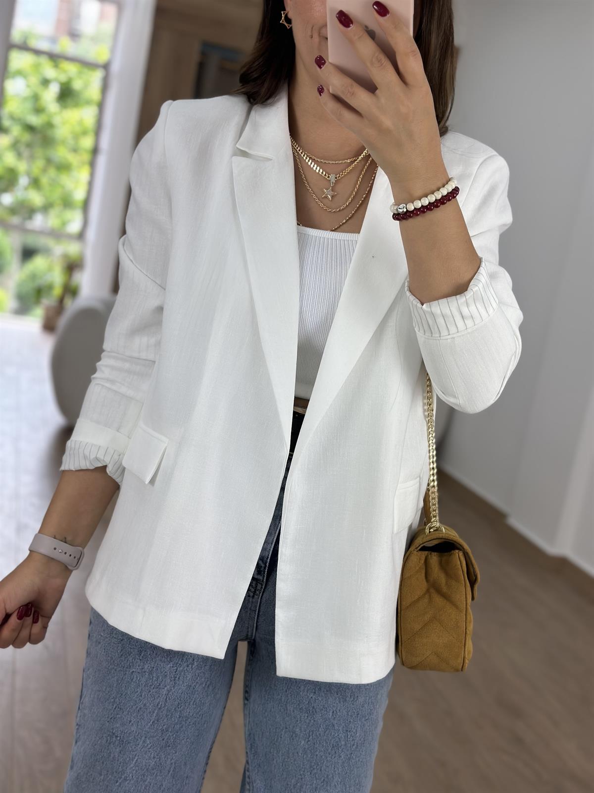 Astarı Çizgili İnce Keten Ceket-Beyaz