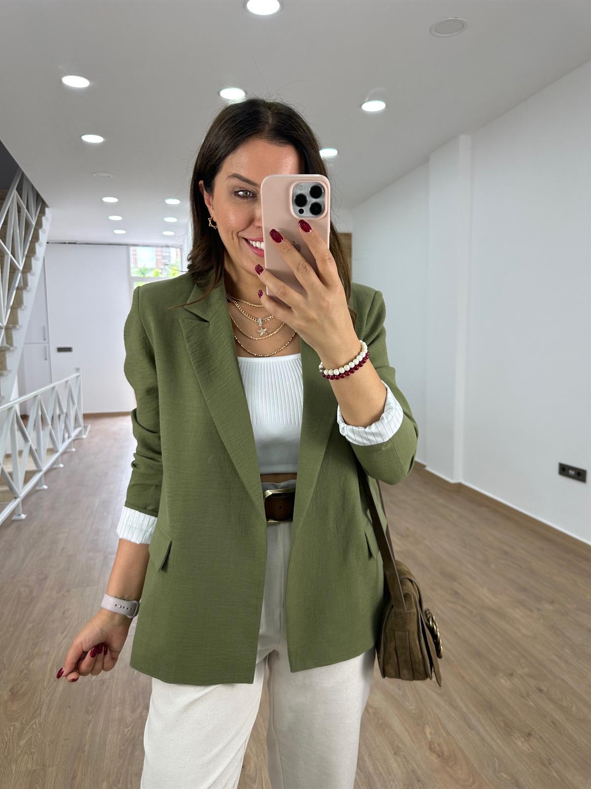 Astarı Çizgili İnce Keten Ceket-Haki