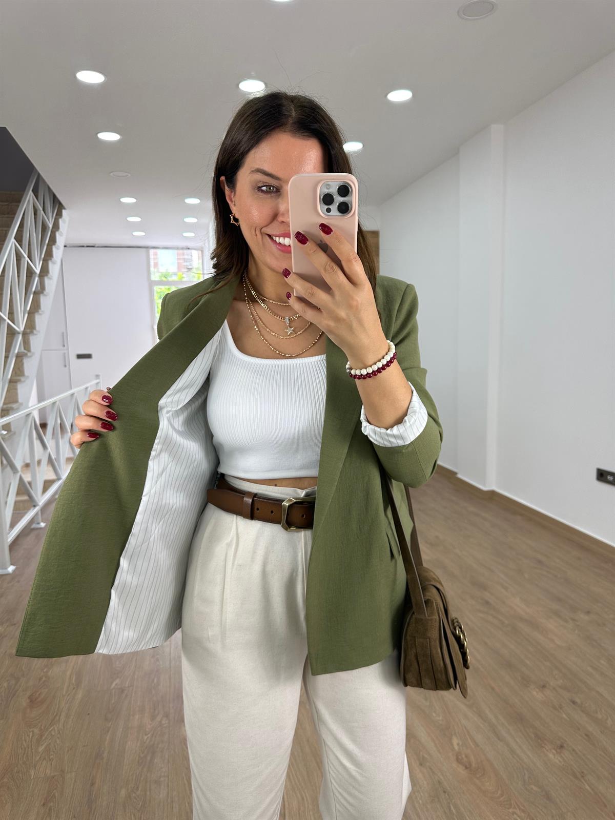 Astarı Çizgili İnce Keten Ceket-Haki