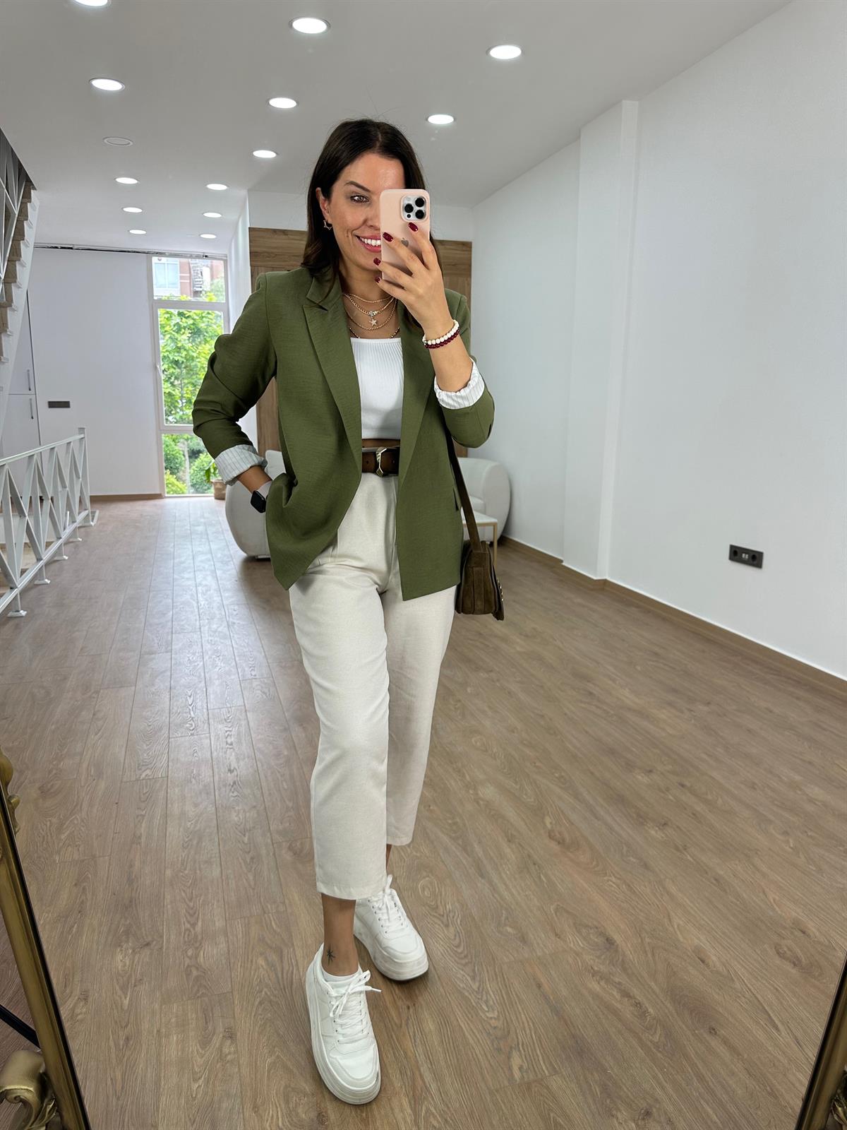 Astarı Çizgili İnce Keten Ceket-Haki