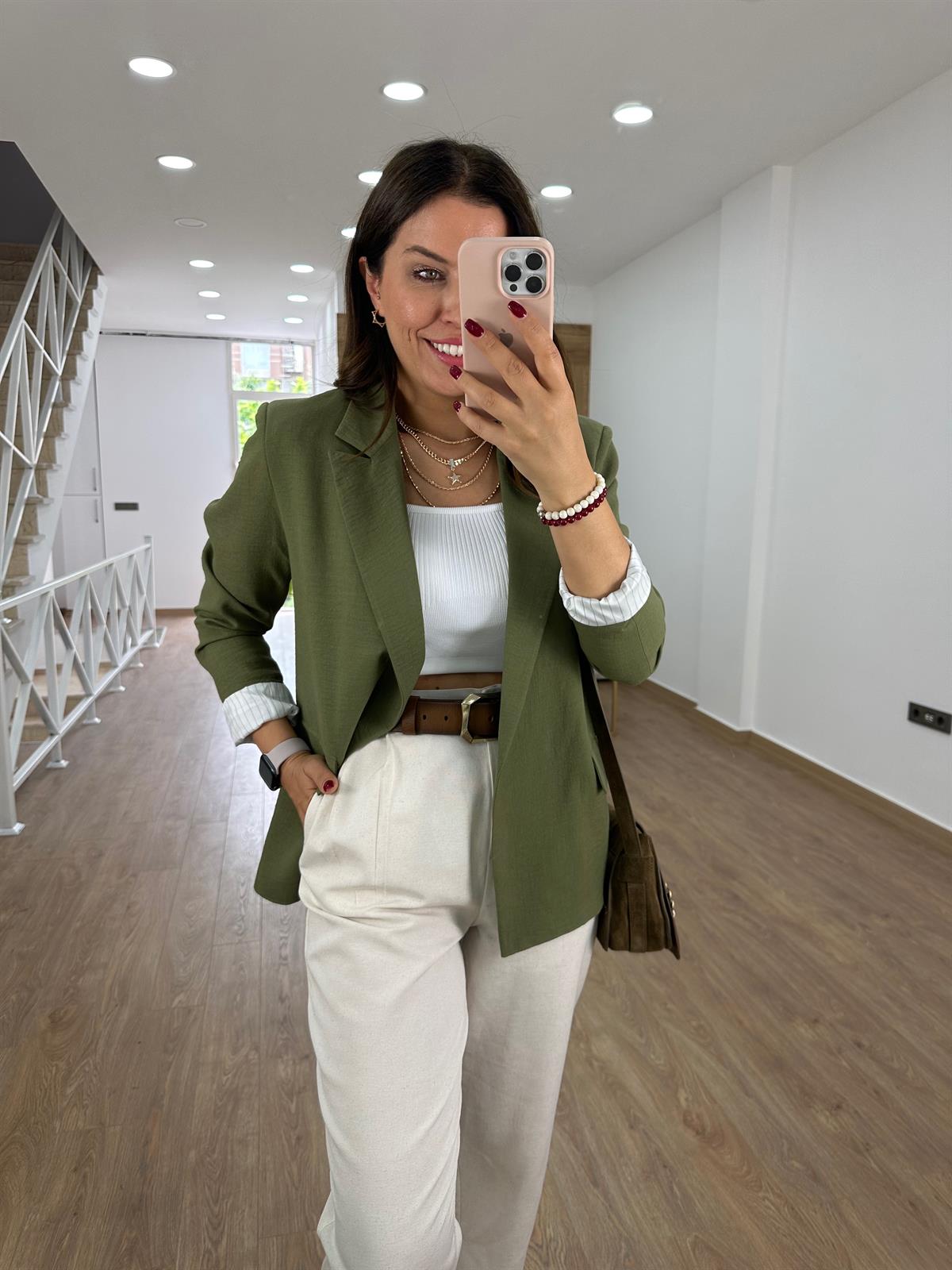 Astarı Çizgili İnce Keten Ceket-Haki