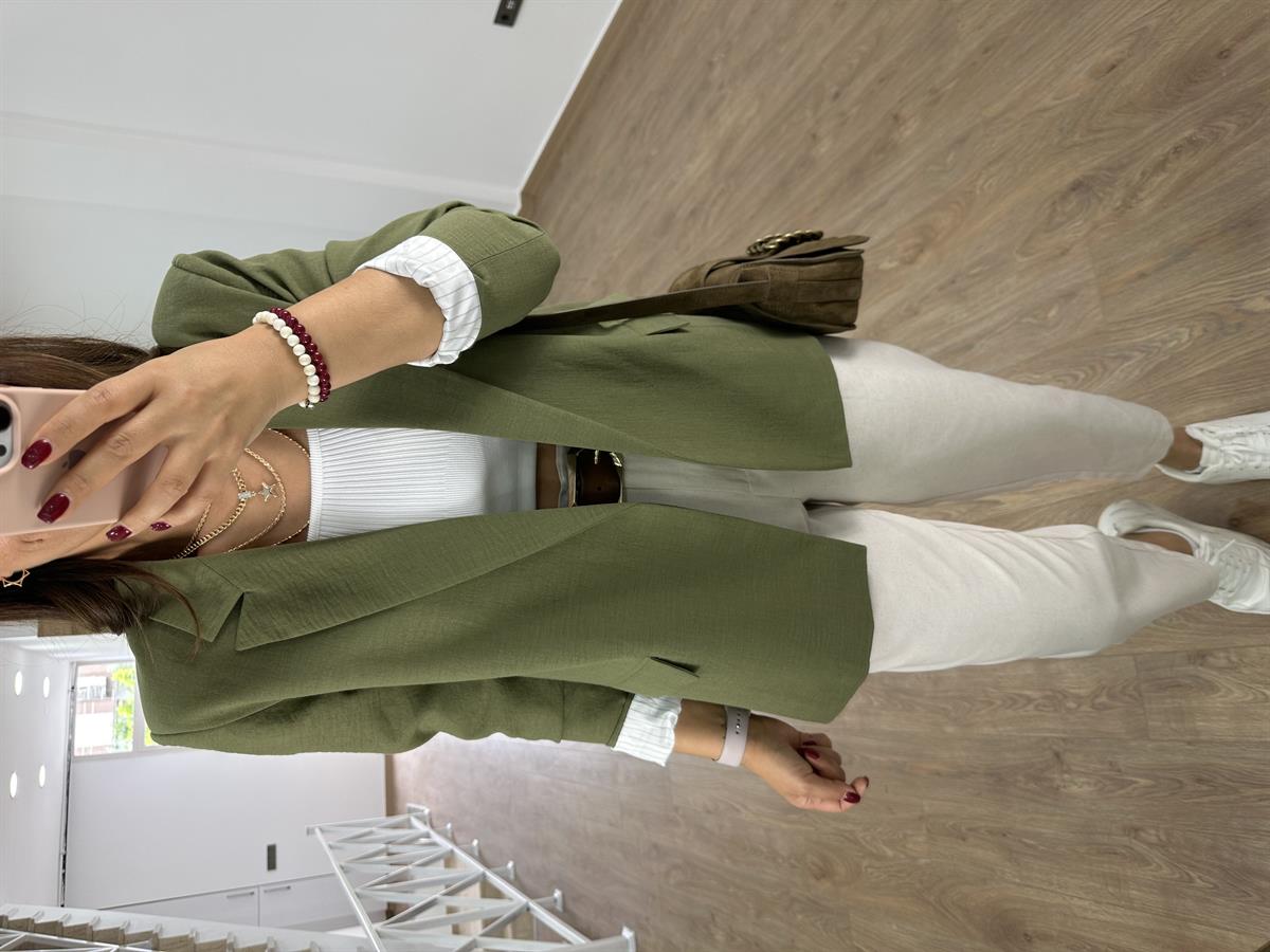 Astarı Çizgili İnce Keten Ceket-Haki