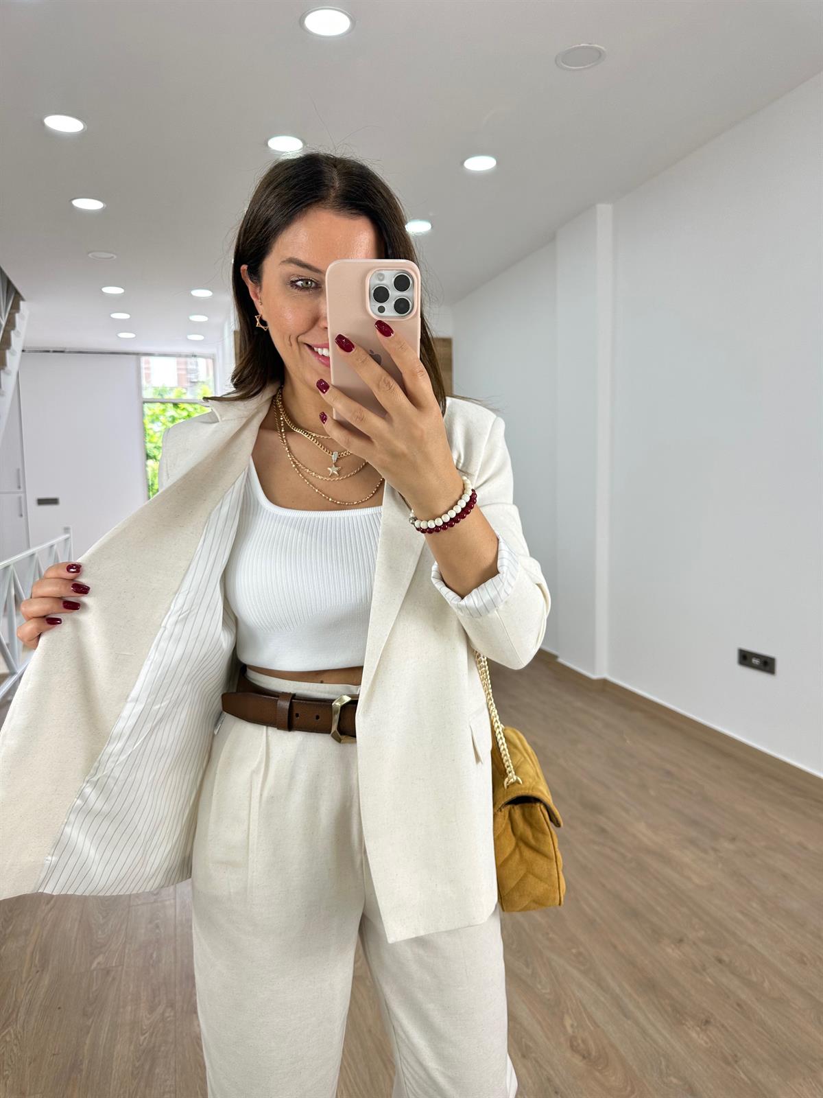 Astarı Çizgili İnce Keten Ceket-Taş