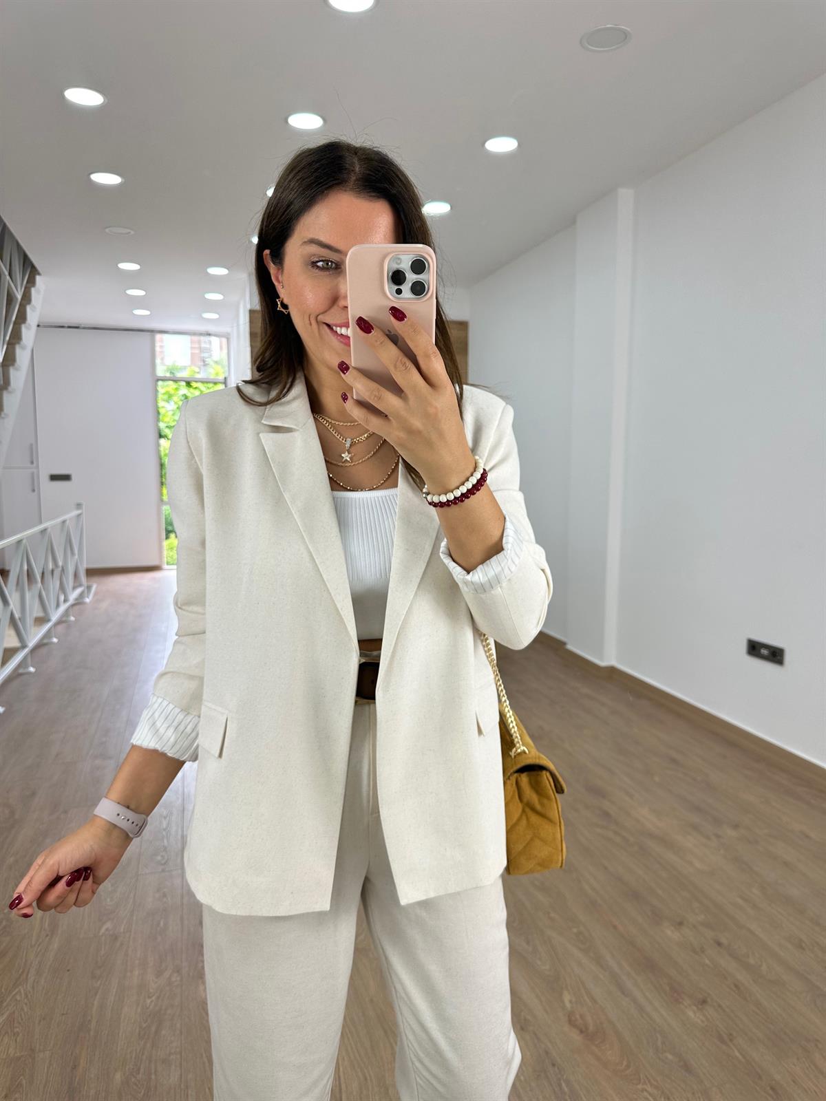 Astarı Çizgili İnce Keten Ceket-Taş