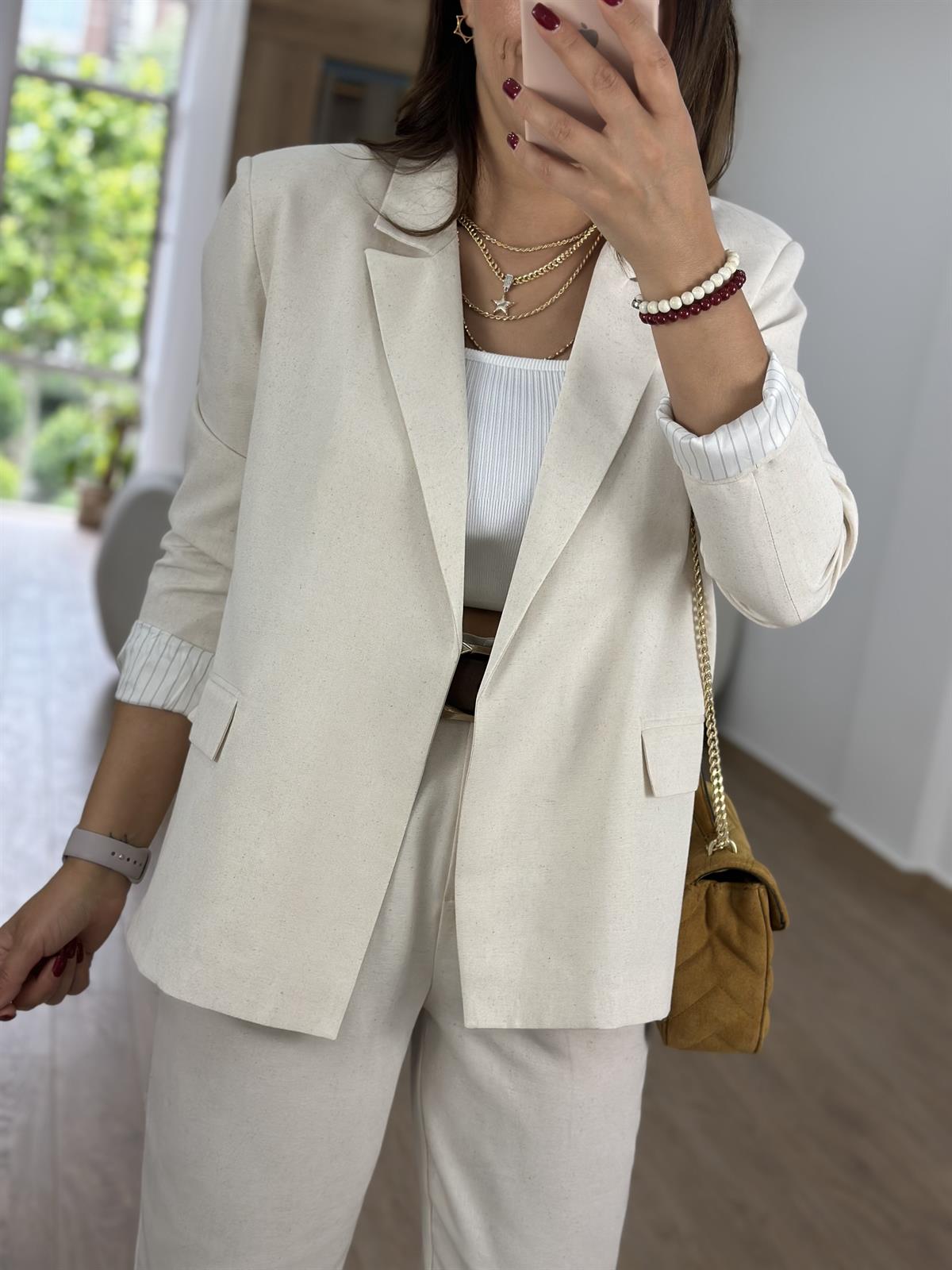 Astarı Çizgili İnce Keten Ceket-Taş