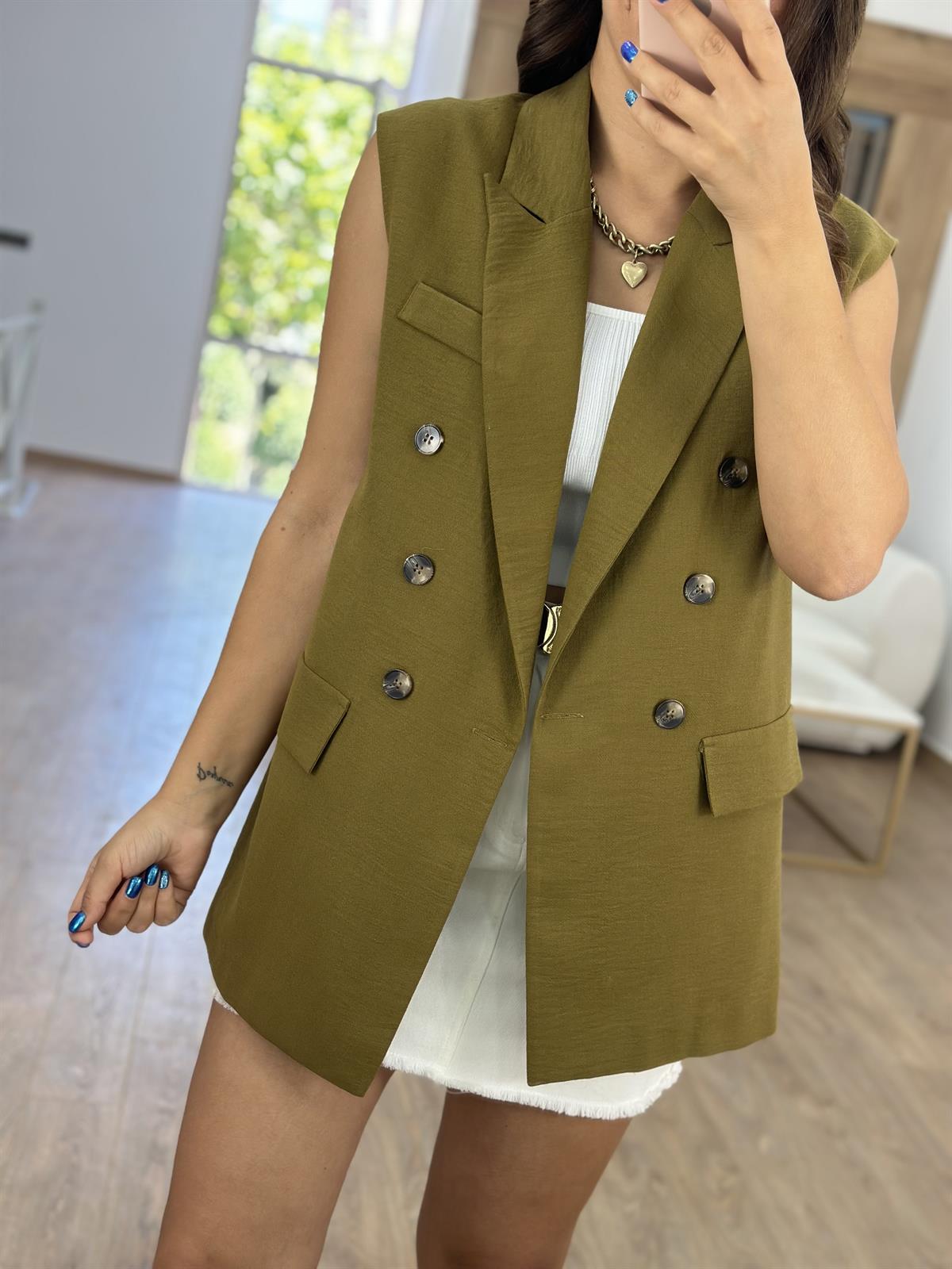 Astarlı Blazer Yelek - Yağ Yeşili