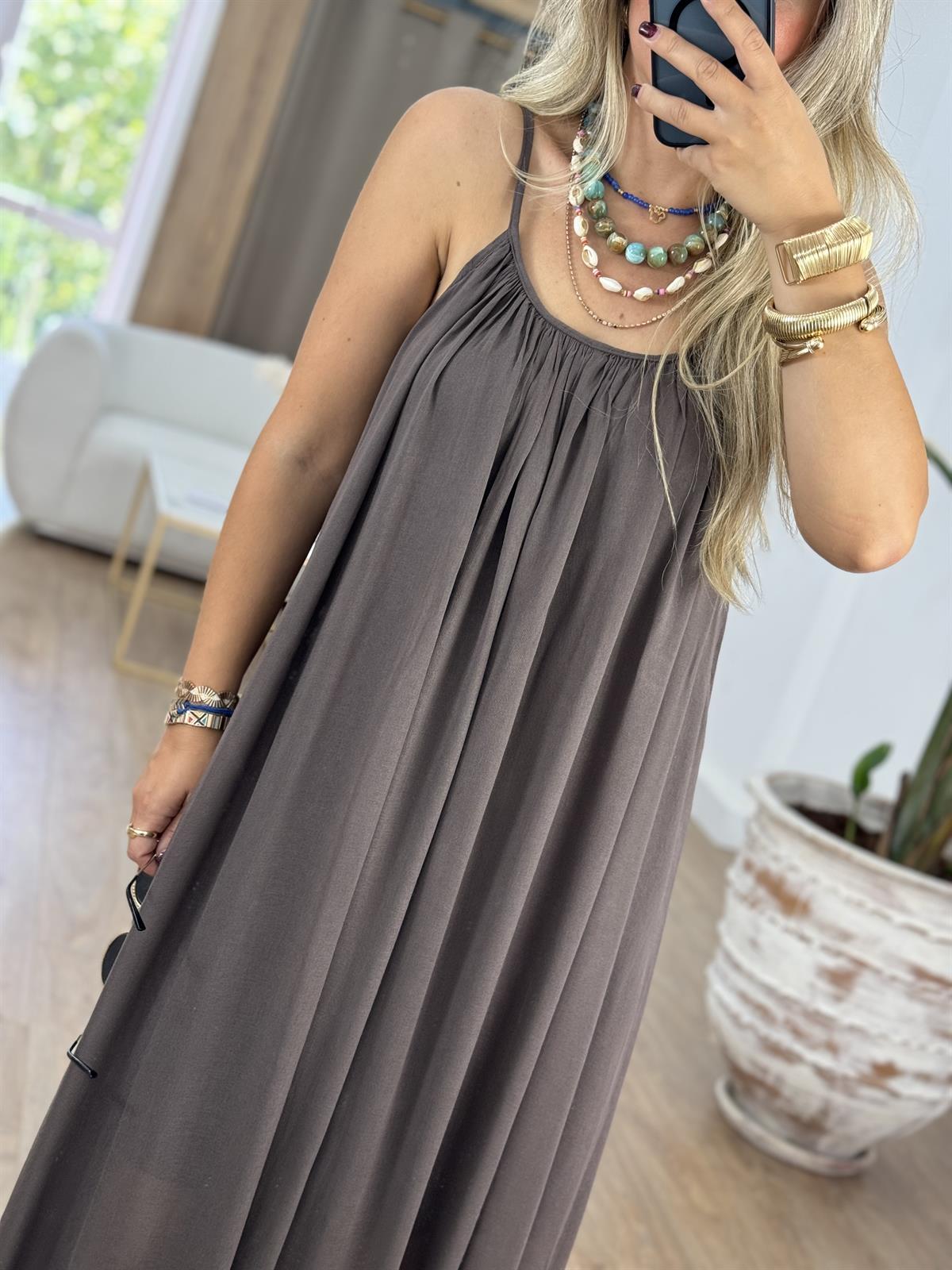 Astarlı İnce Askılı Salaş Elbise-Kahverengi