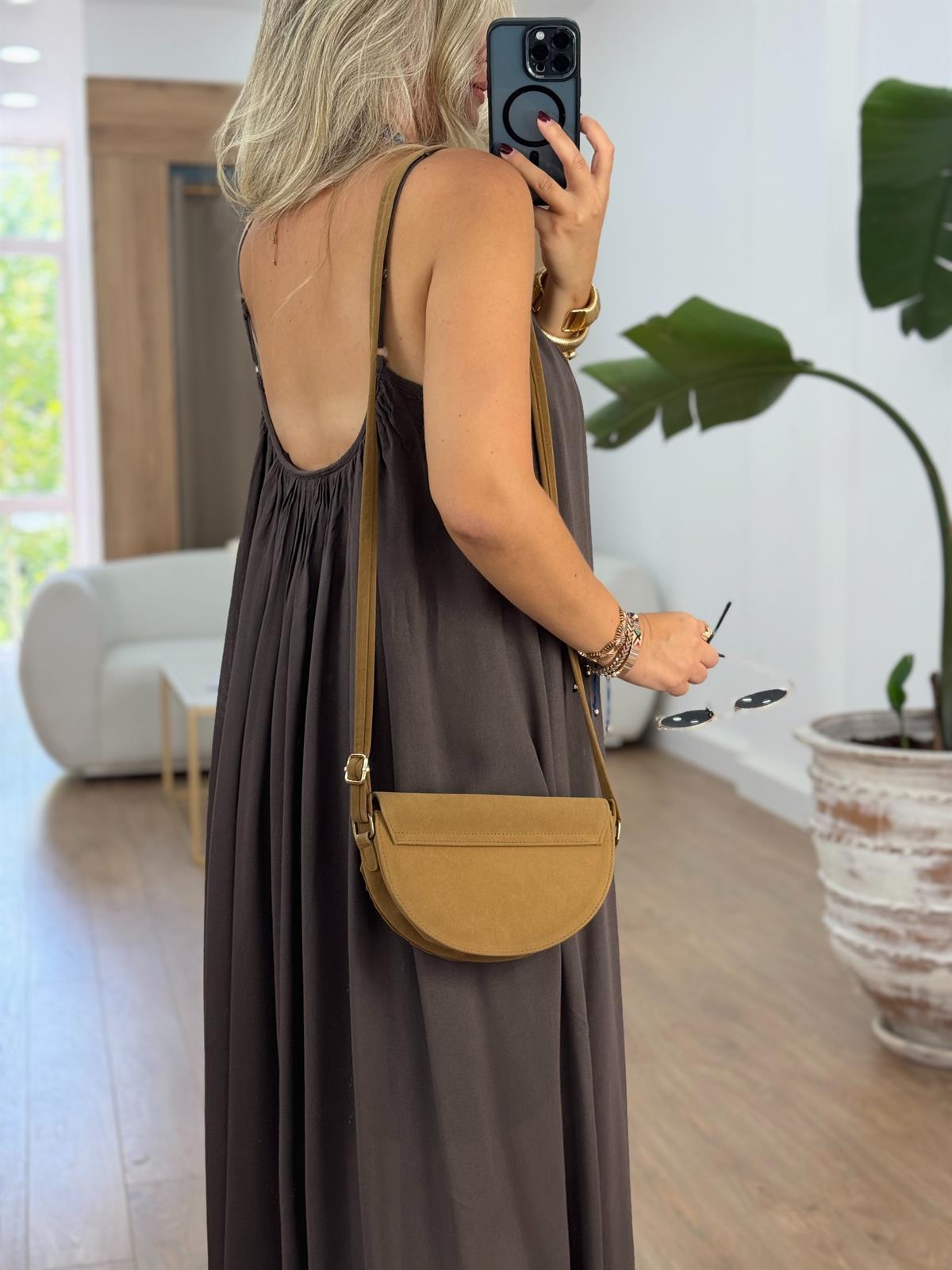 Astarlı İnce Askılı Salaş Elbise-Kahverengi