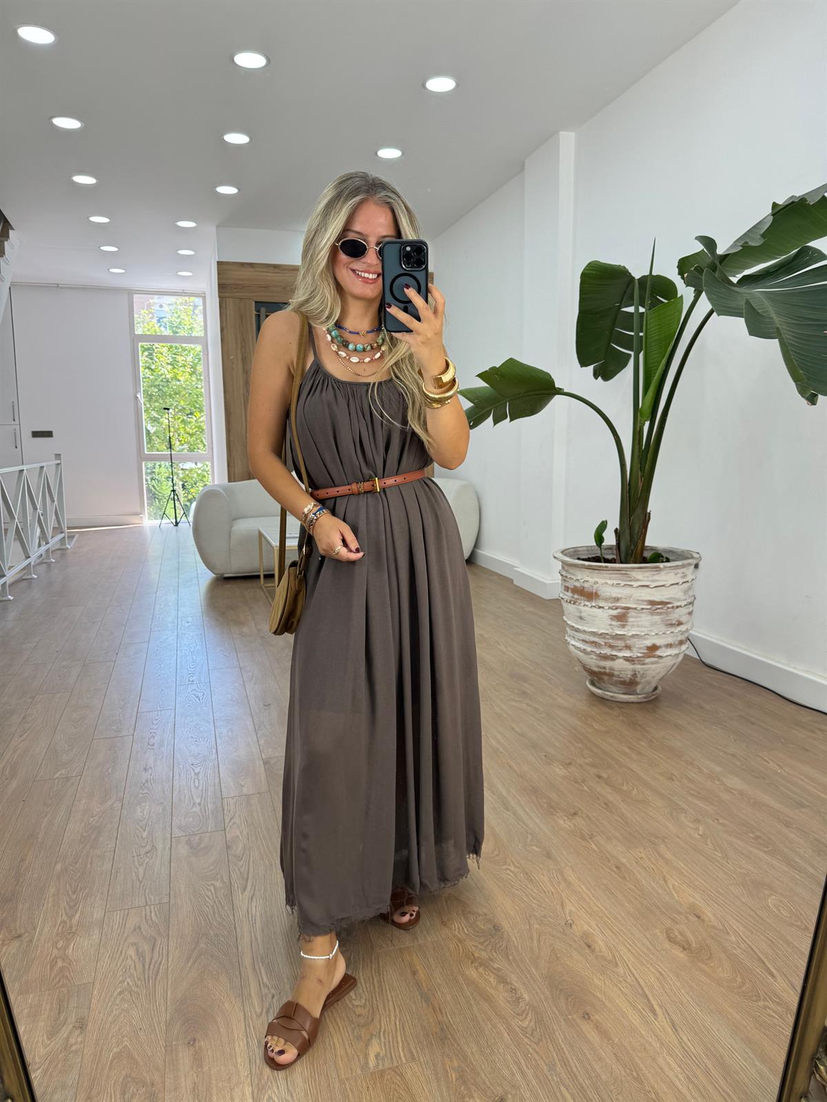 Astarlı İnce Askılı Salaş Elbise-Kahverengi