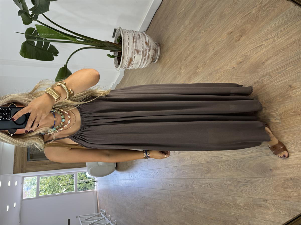 Astarlı İnce Askılı Salaş Elbise-Kahverengi