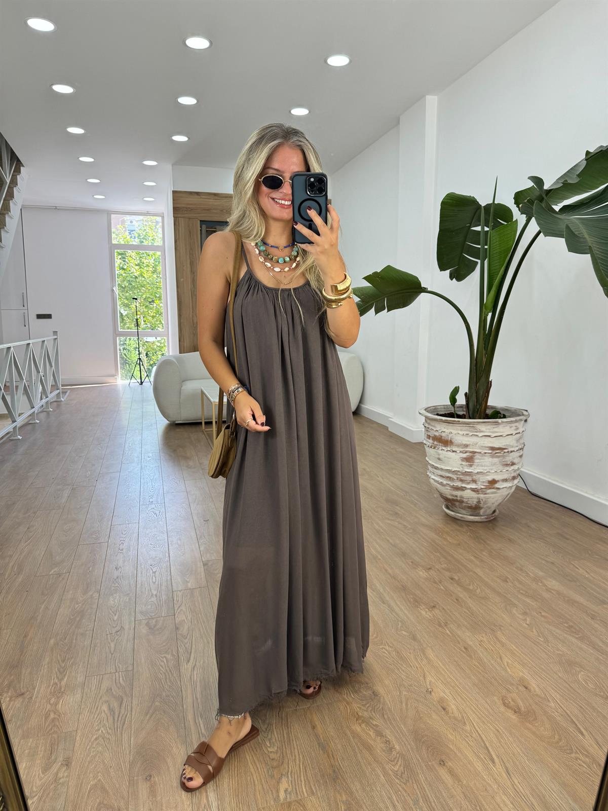 Astarlı İnce Askılı Salaş Elbise-Kahverengi