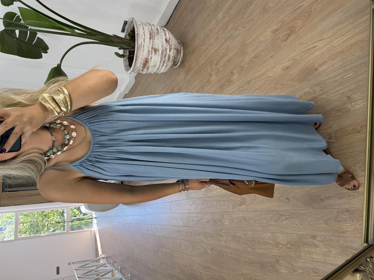 Astarlı İnce Askılı Salaş Elbise-Mavi