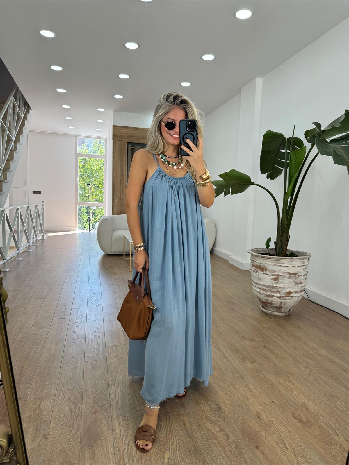 Astarlı İnce Askılı Salaş Elbise-Mavi