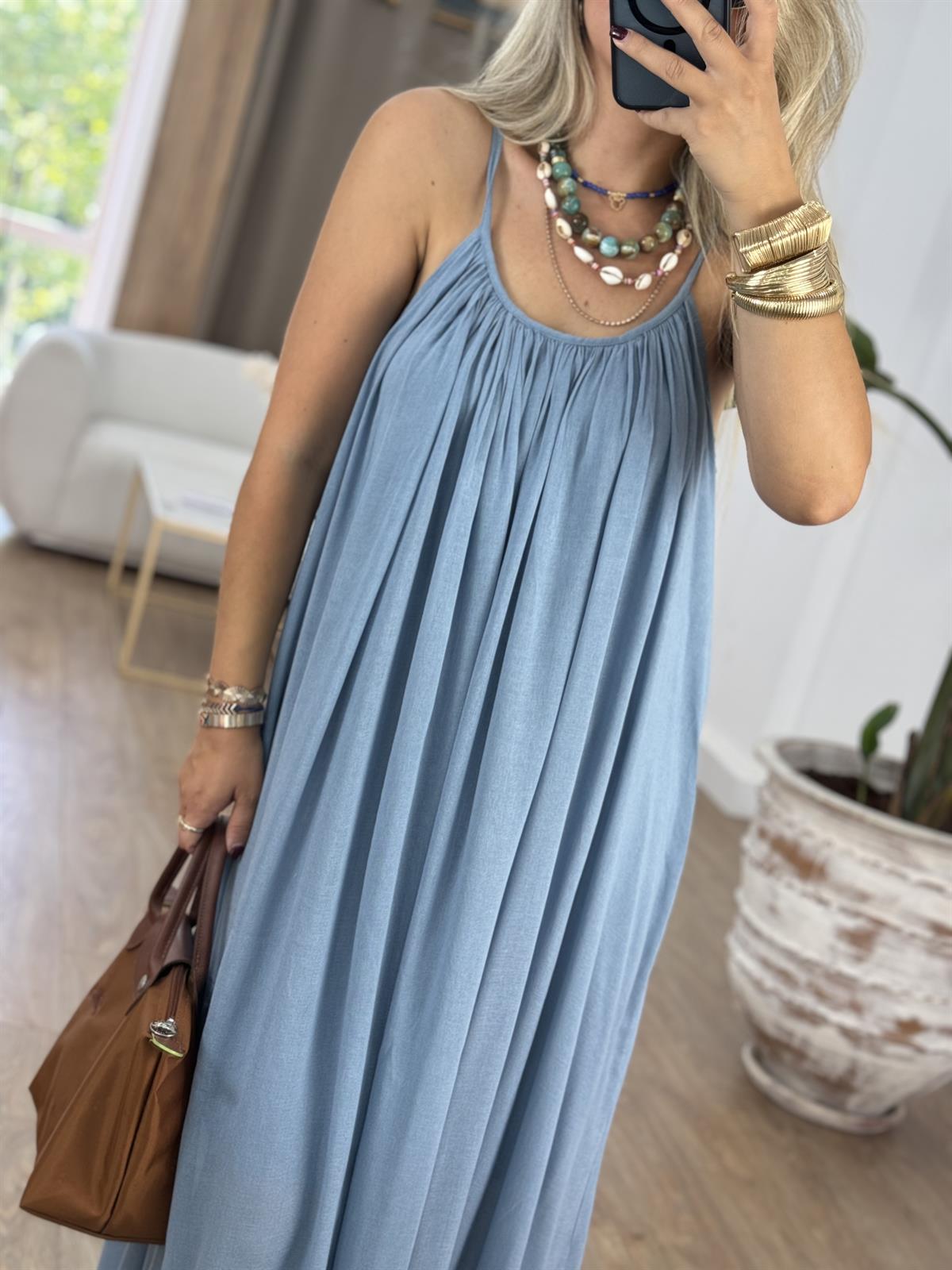 Astarlı İnce Askılı Salaş Elbise-Mavi