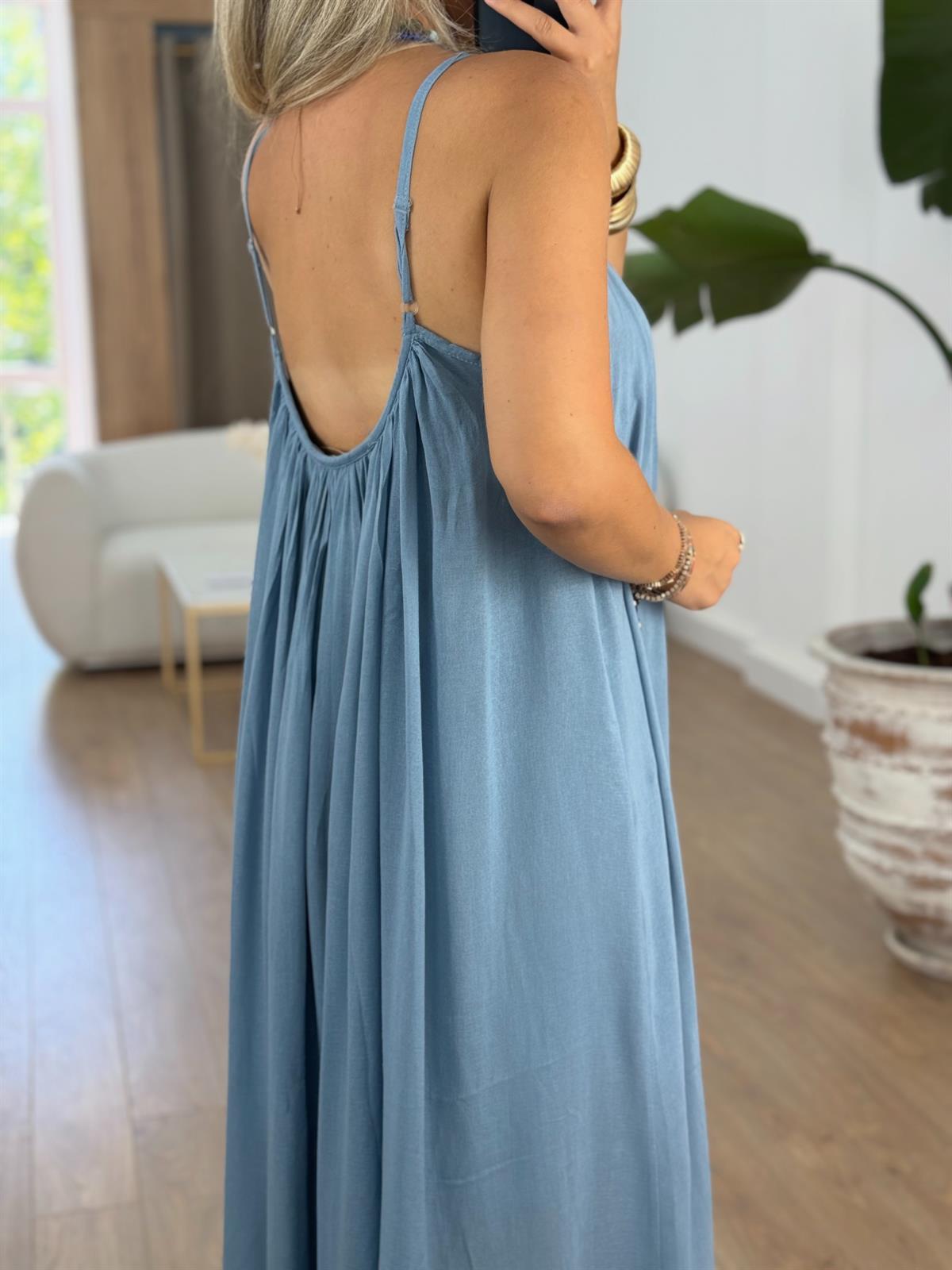 Astarlı İnce Askılı Salaş Elbise-Mavi