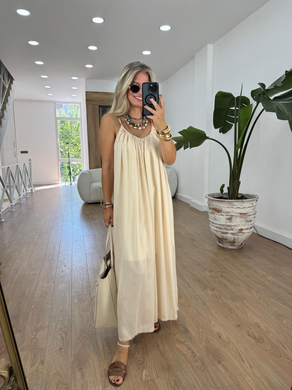 Astarlı İnce Askılı Salaş Elbise-Taş