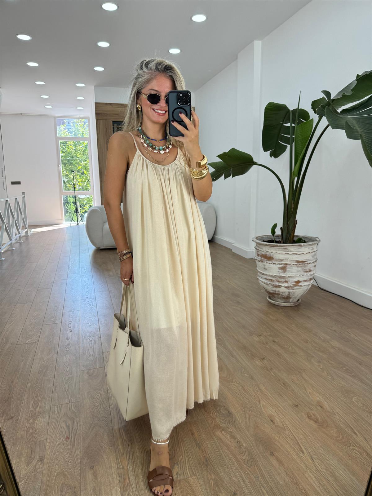 Astarlı İnce Askılı Salaş Elbise-Taş