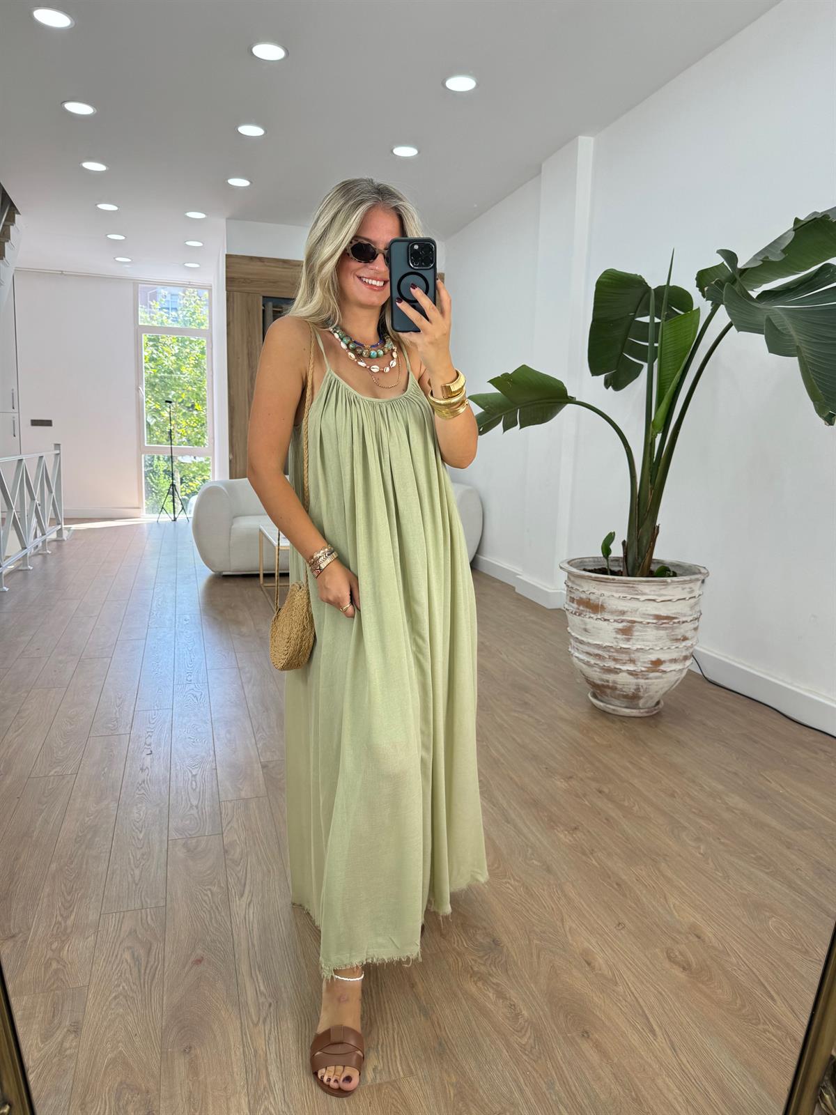 Astarlı İnce Askılı Salaş Elbise-Yeşil