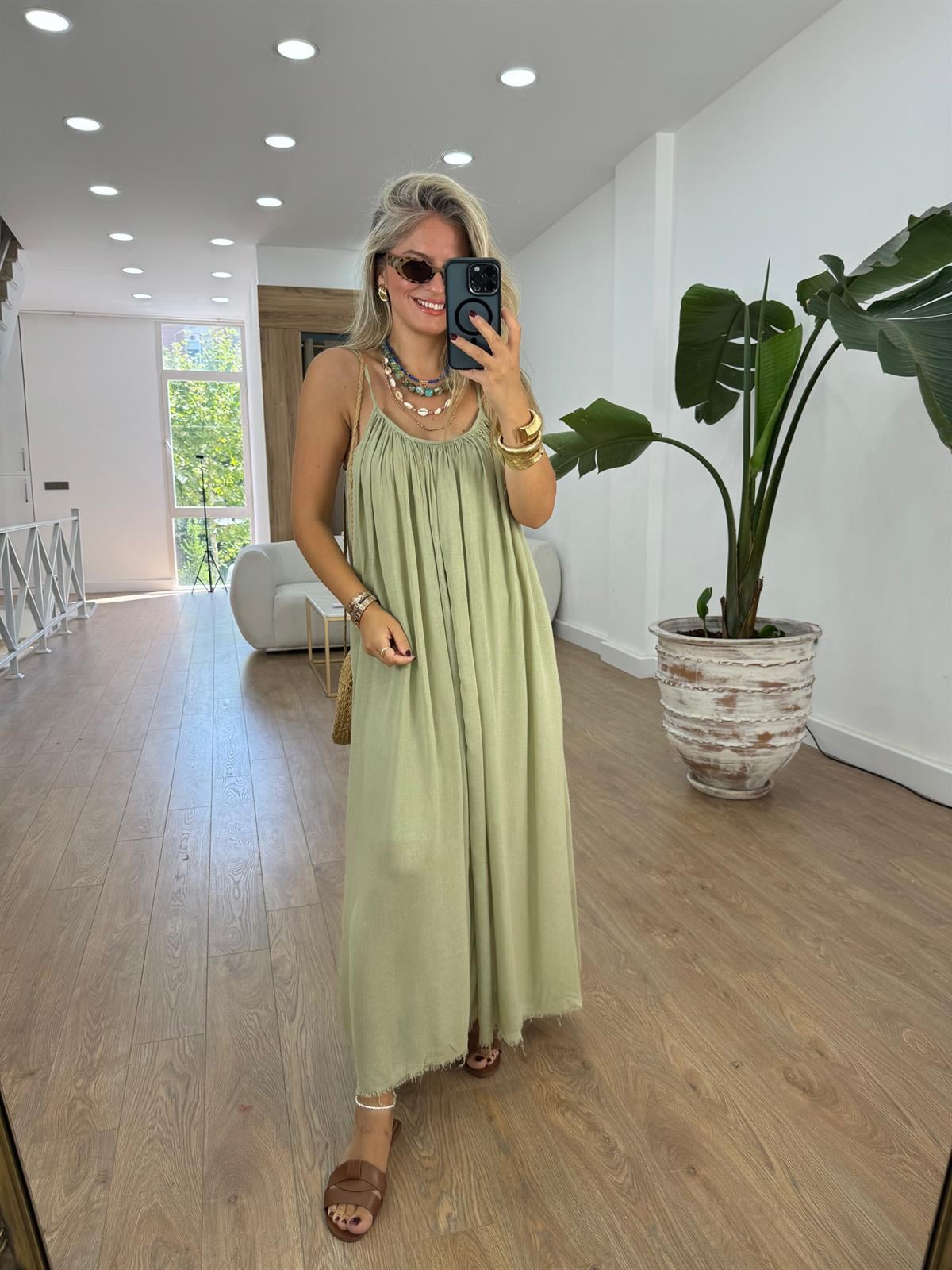 Astarlı İnce Askılı Salaş Elbise-Yeşil